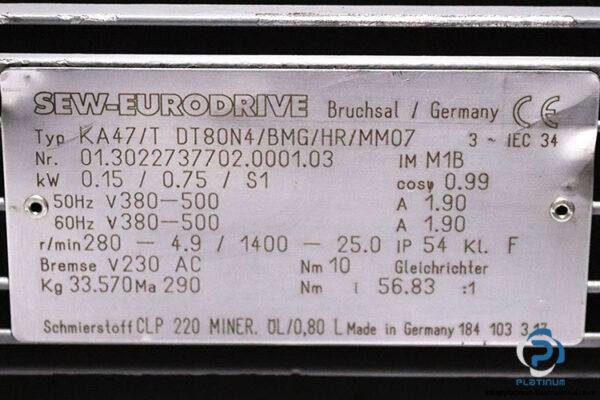 sew-ka47-t-dt80n4-bmg-hr-mm07-helical-bevel-gear-motor-used-5