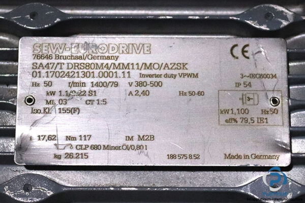 sew-SA47-T-DRS80M4-MM11-MO-AZSK-helical-worm-gearmotor(used)-5