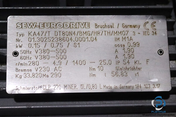 sew-KA47TDT80N4BMGHRTHMM07-helical-worm-gearmotor(used)-5