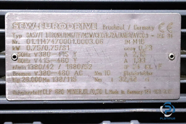 sew-SA57-T-DT80N4-BMG-TF-MSW-CK0-RJ2A-AND3-AVS0-helical-worm-gearmotor(used)-2