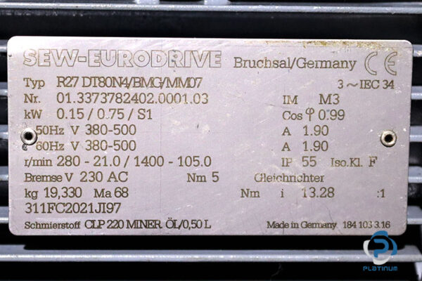 sew-R27DT80N4BMGMM07-helical-gearmotor(used)-2