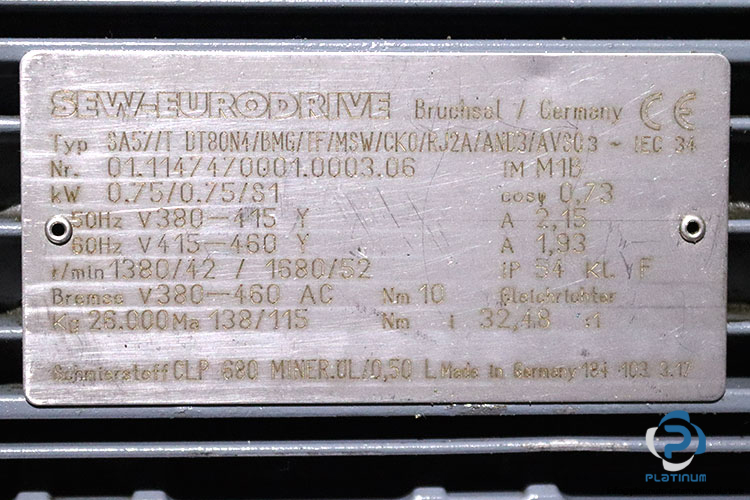 sew-SA57-T-DT80N4-BMG-TF-MSW-CK0-RJ2A-AND3-AVS0-helical-worm-gearmotor(used)-2