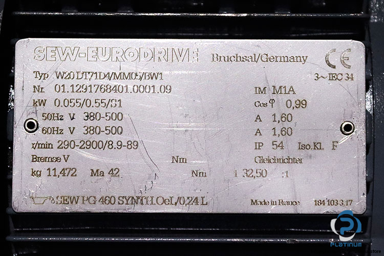 sew-W20-DT71D4-MM05-BW1-Spiroplan-gearmotor(used)-4
